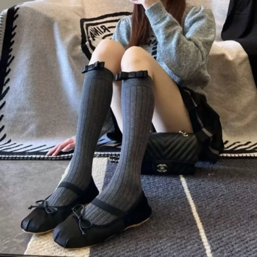 Frauen Strümpfe Frühling Sommer Trends Casual Adrette Knie Hohe Socken Weibliche HQ Baumwolle Einfarbig Bogen Lange Waden Socke Bequem
