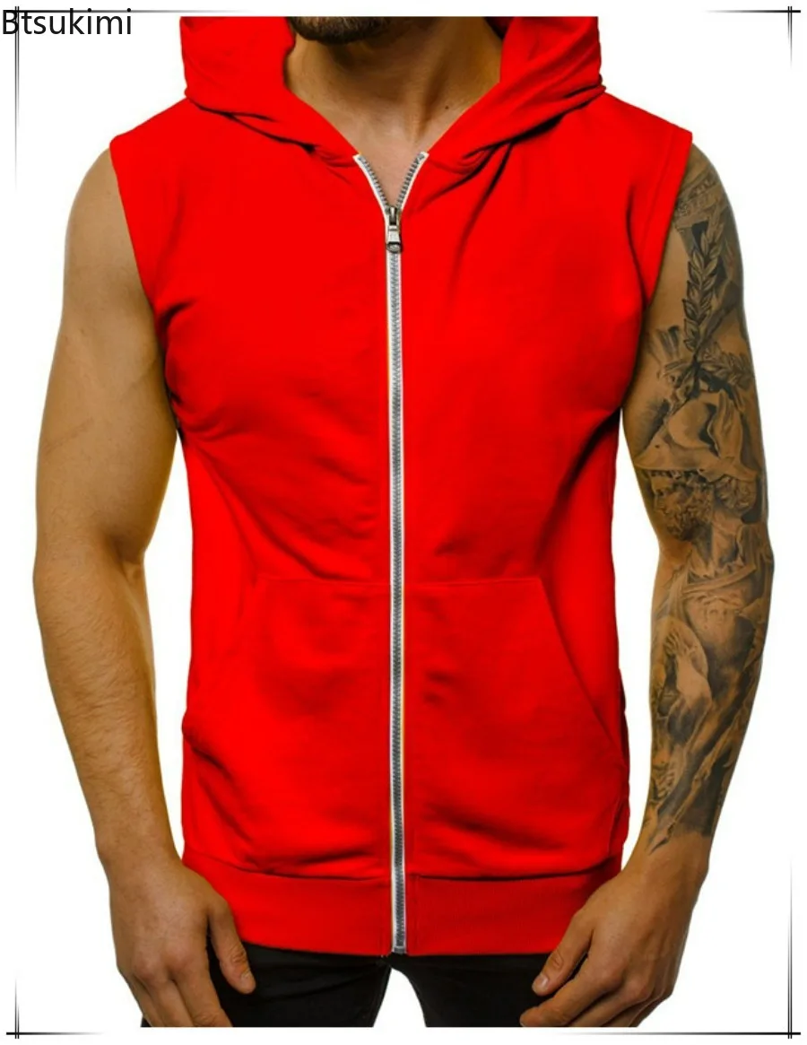 

Men's Solid Hooded Cardigan Tank Tops Sportswear Casual Versatile Running Training Sleeveless T-shirt Men Fitness Sport Tops New