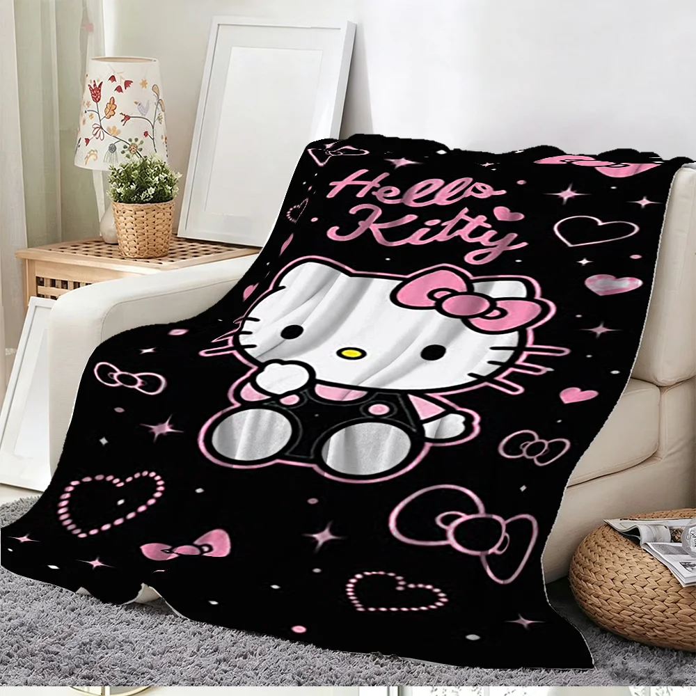 Hello Kitty Blanket Throw Pink Bow Hearts Stars Pattern Black Background Cozy Home Decor Gift for Girls Kids Bed Sofa
