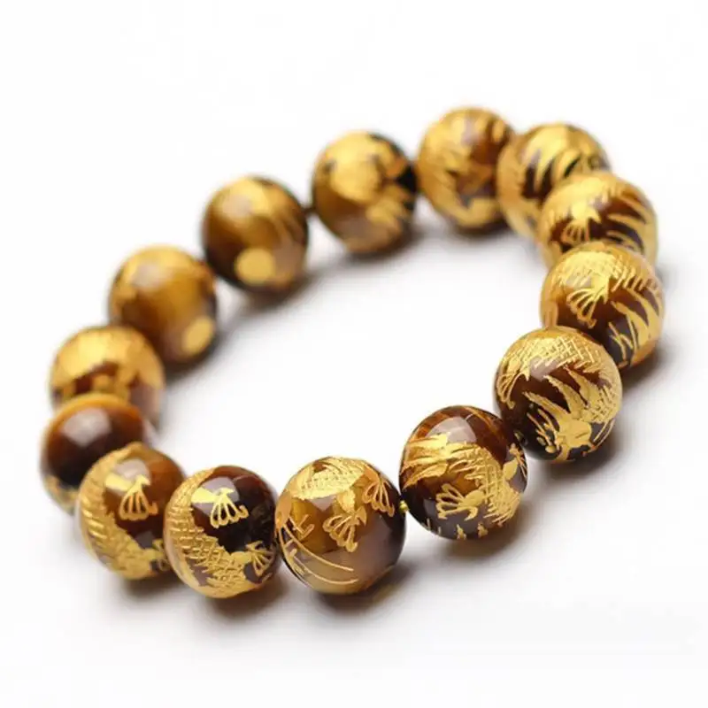 14mm Natural Tiger Eye Stone Carved Dragon Hand Bracelet Karma Classic Semi-Precious Stones Teens Charm Ethnic Unique Prayer