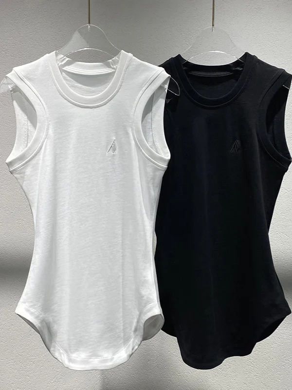 

Slim Fit Color round Ne Svel T-irt Women's Summer New Sle Faionable Waist Cinched Vest Top Cotton Blend