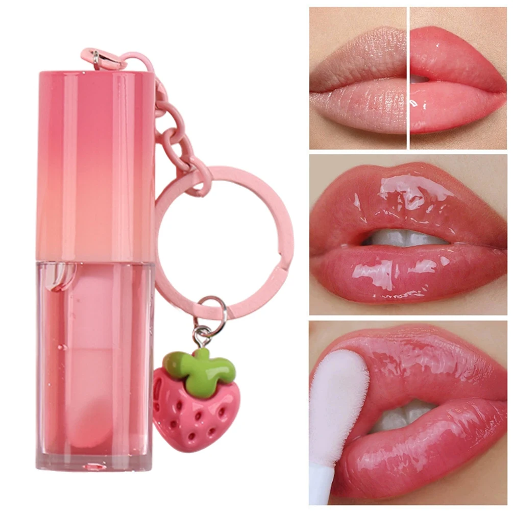 

Private Label Lip Oil Custom Logo Strawberry Pendant Keychain Lipgloss Fruity Natural Color Moisture Plumping Makeup Wholesale