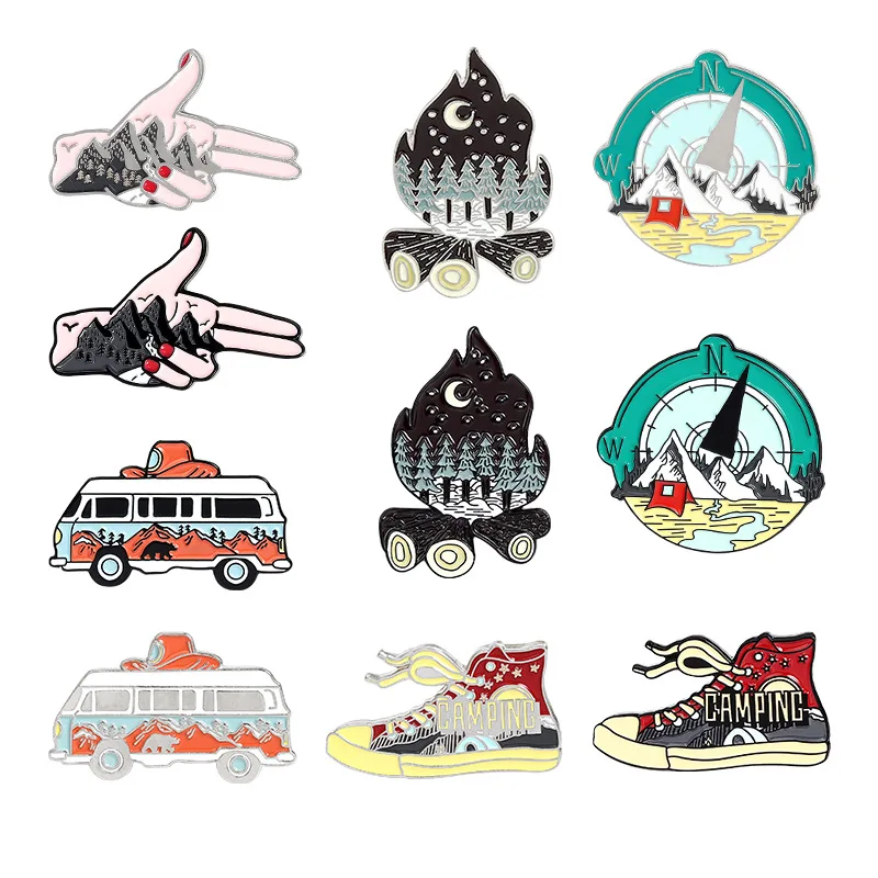 Brooch Hiking Shoes Match Pin Outdoor Hiking Series Anti-glare Buckle Lapel Pins Tour Bus Compass