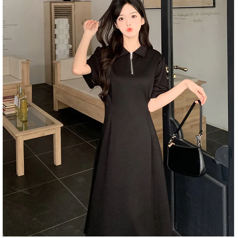 

Y2k Summer Korean Polo Neck Zippers Short Sleeve y2k Streetwear Outfit High Waist Solid Color Slim Fit Elegant Mid Calf Dresses