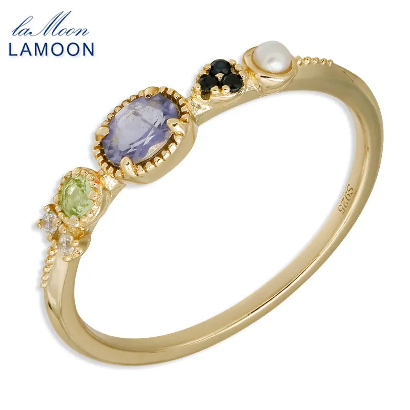 LAMOON Vintage Natrual Cordierite Peridot Gemstone Ring For Women 925 Sterling Silver Gold Plated Daily Fine Jewelry Wholesale