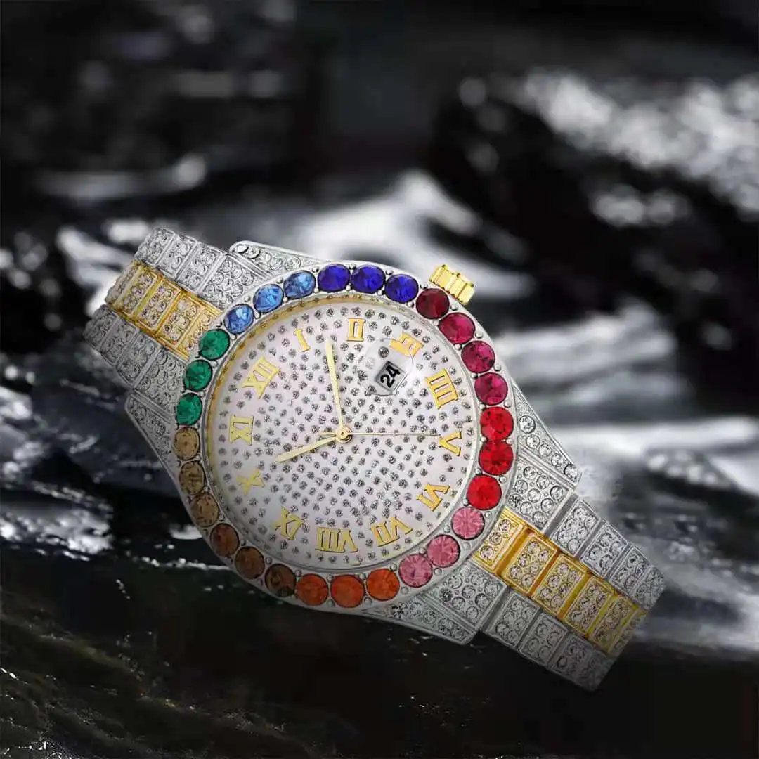 Iced Out Watch for Women Luxury Colourful Women Gold Watch Fashion Diamond Crystal Bling Bling Hip Hop Watch Relojes Para Mujer