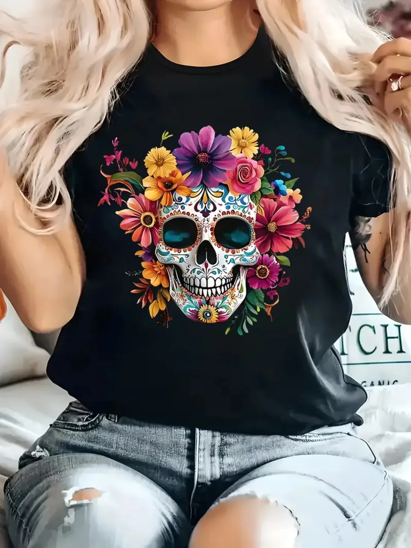 Funny Printed Round Neck T-Shirt with The Theme of The Day of The Dead Women's Casual Graphic T Shirt Y2k Clothes Female Outfit