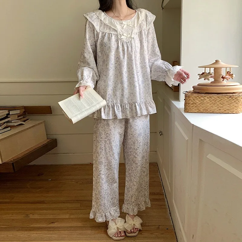 

Korean Princess Sweet Style Sweet Floral Print Cotton Pajama Set Women Long Sleeve Round Neck Pants Ideal Home Outdoor Wear XL