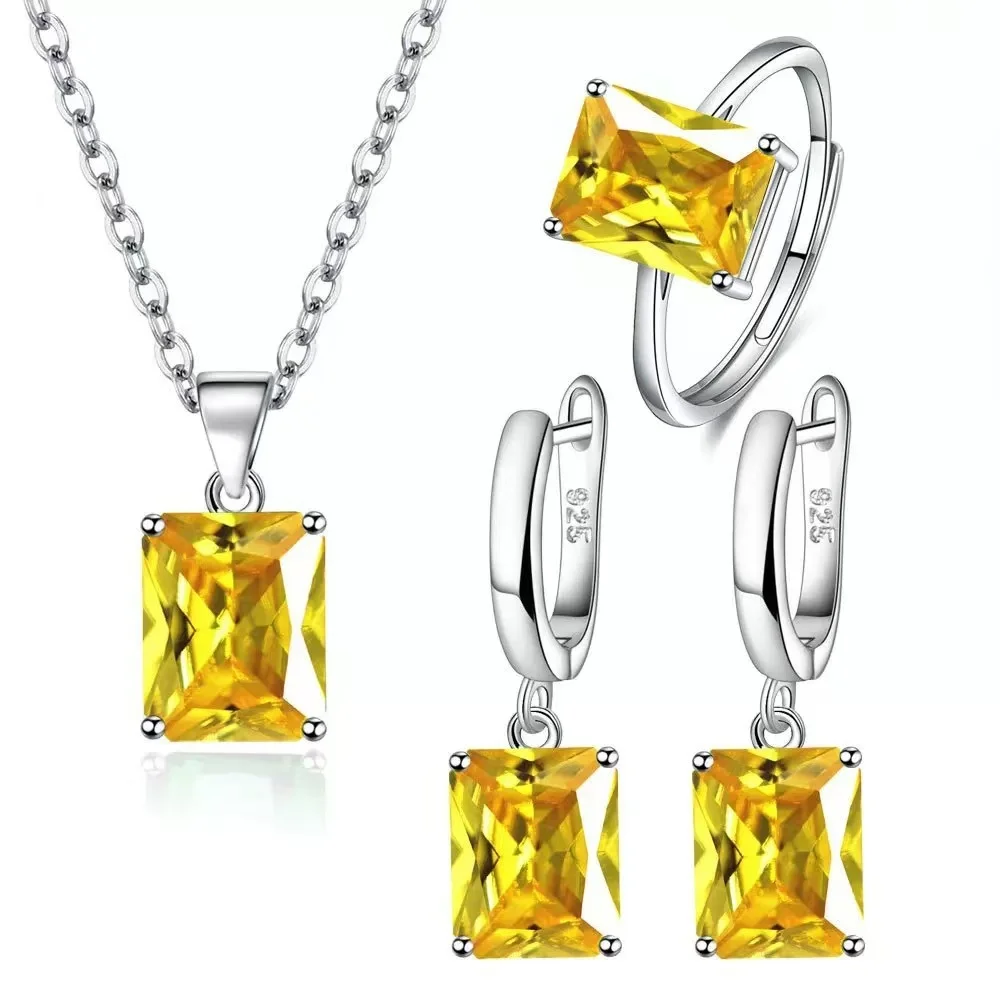 925 Sterling Silver Ring Earrings Necklace For Women Rectangle Geometry Zircon Wedding Elegant Jewelry Sets Free Shipping Items