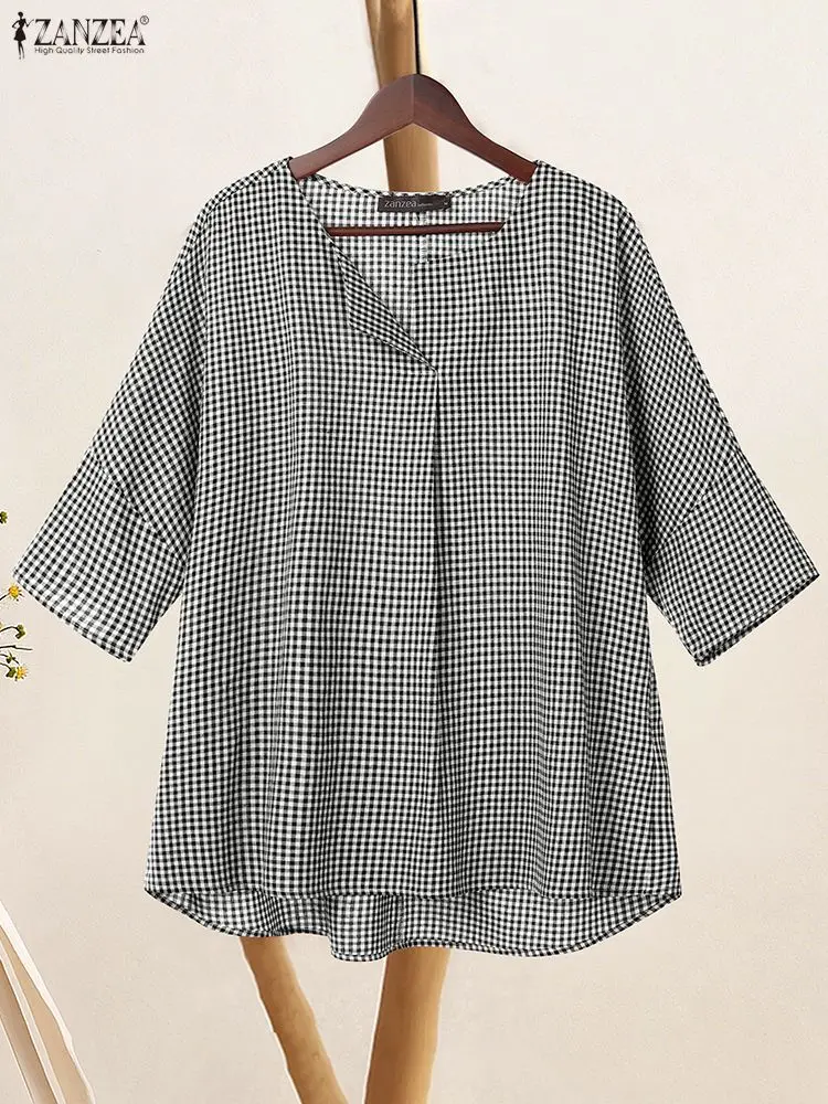 

ZANZEA Summer Plaid Shirt Vintage Women Blouses Casual Half Sleeve Loose Female Tops Mujer Oversize Retro Checked Blusas Chemise