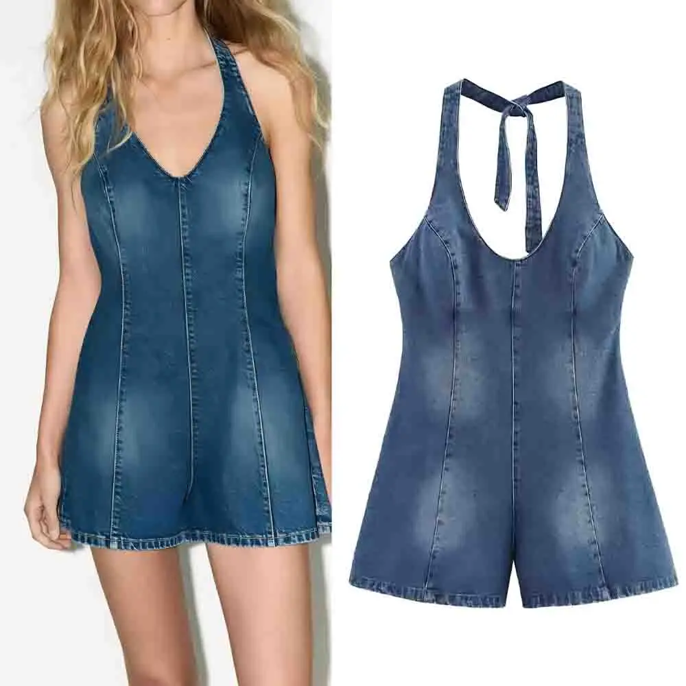 

Women's 2025 new fashion slim backless hanging neck denim jumpsuit retro sleeveless women's short jumpsuit
