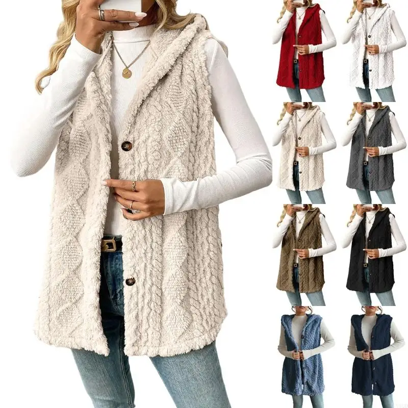 

Women's Hooded Vest Winter Wool Button-Up Long Vest Warm Lightweight Autumn Outerwear