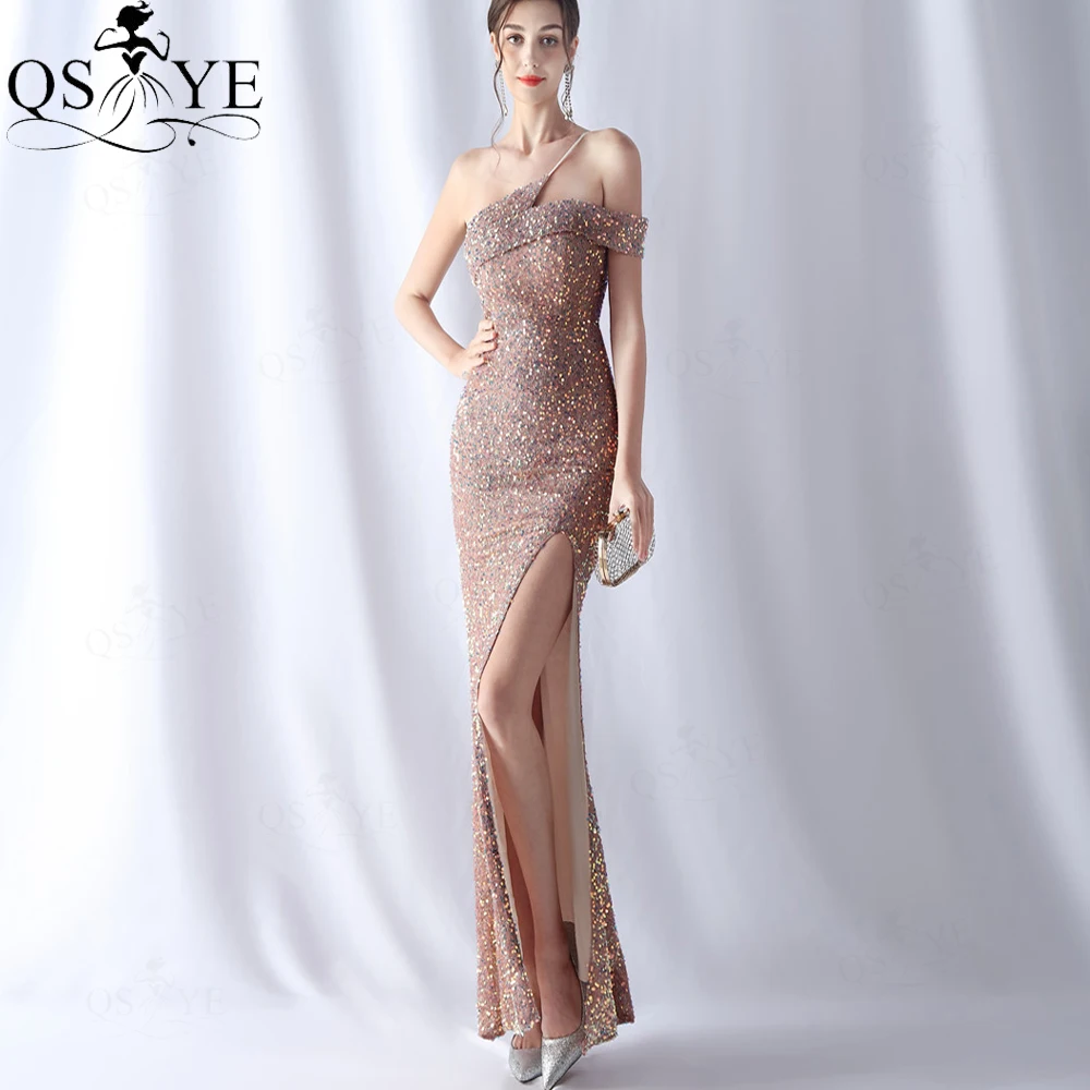 One Shoulder Brown Evening Dresses Slit Glitter Sequin Gold Prom Gown Long Fitted Shoulder Strap Party Formal Dress for Women