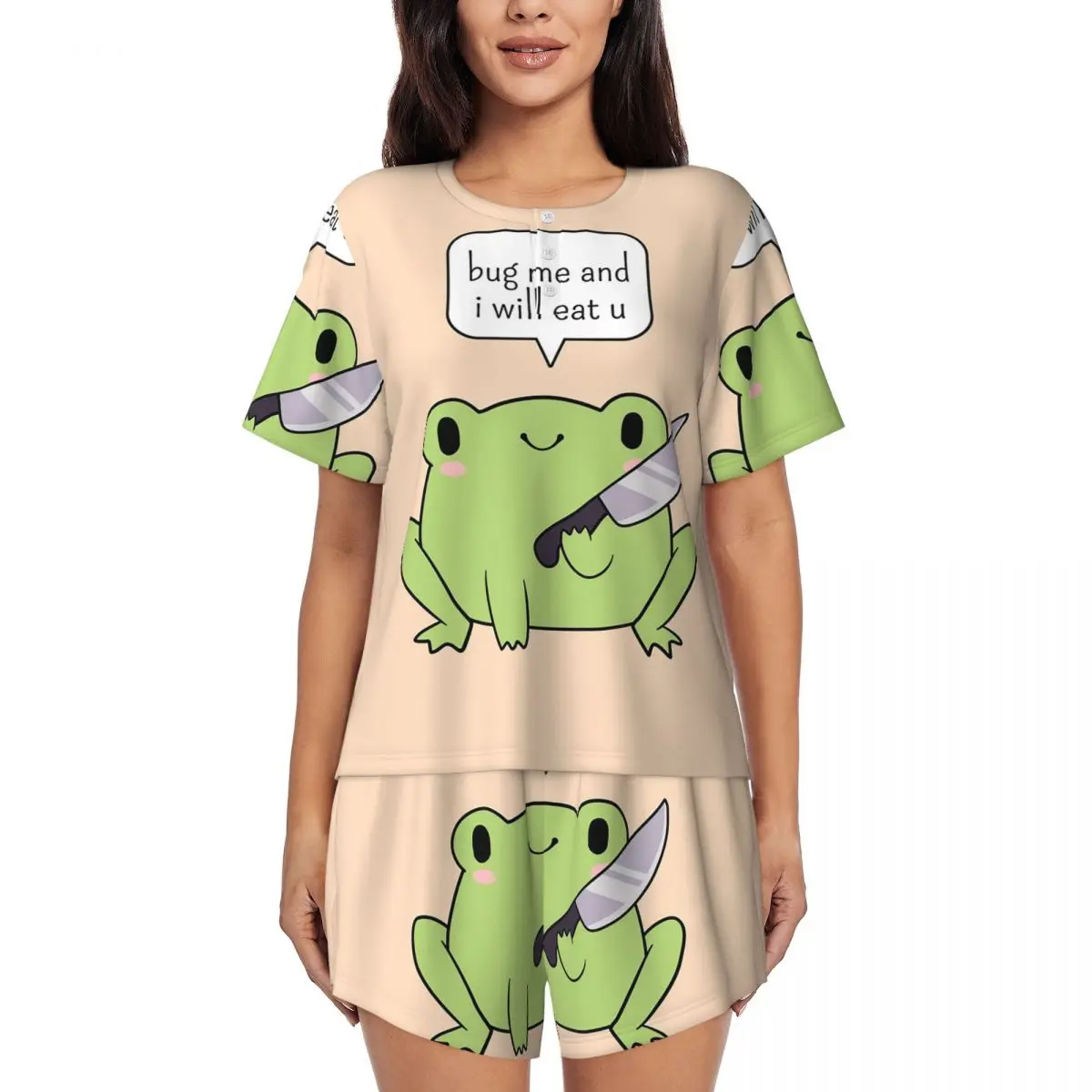 

Милый пижамный комплект с принтом лягушки с ножом: женская ночная рубашка с круглым вырезом и коротким рукавом, свободные шорты