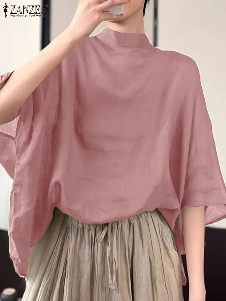 ZANZEA Women 3/4 Bat Sleeve Blouse Oversized Asymmetrical Tops 2024 Summer Stand Collar Tunic Casual Loose Transparent Thin Tops