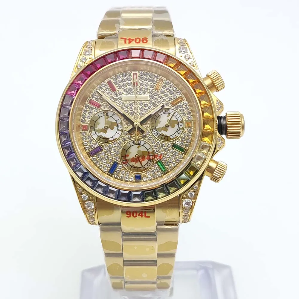 2026 Parnsrpe VK63 Men\'s Luxury Watch Iced Out Full Diamond Rainbow Bezel Chronograph Mechanical Watch Business Gift