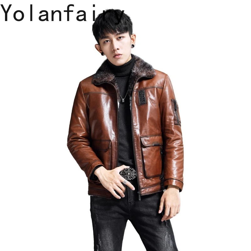 YOLANFAIRY Oil-wax Sheepskin Leather Jackets Man Short Vintage Leather Coat Mink Fur Collar Warm Rabbit Fur Liner Jacket Winter