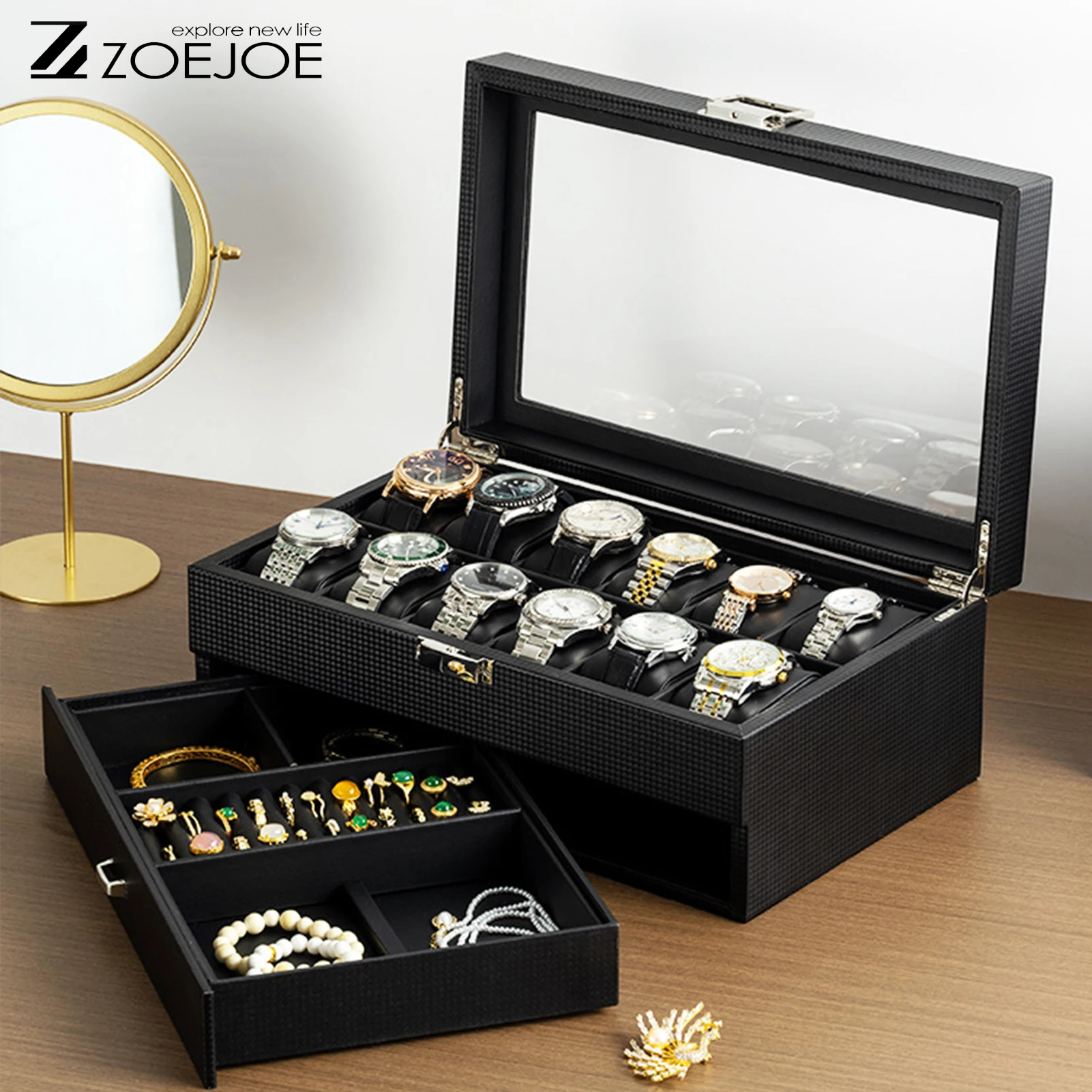 กล่องเก็บอุปกรณ์เสริมนาฬิกาแบบสองชั้น แท่นโชว์เครื่องประดับนาฬิกา หนัง PU 3 สี กล่องใส่สร้อยคอและนาฬิกา ของขวัญวันหยุด