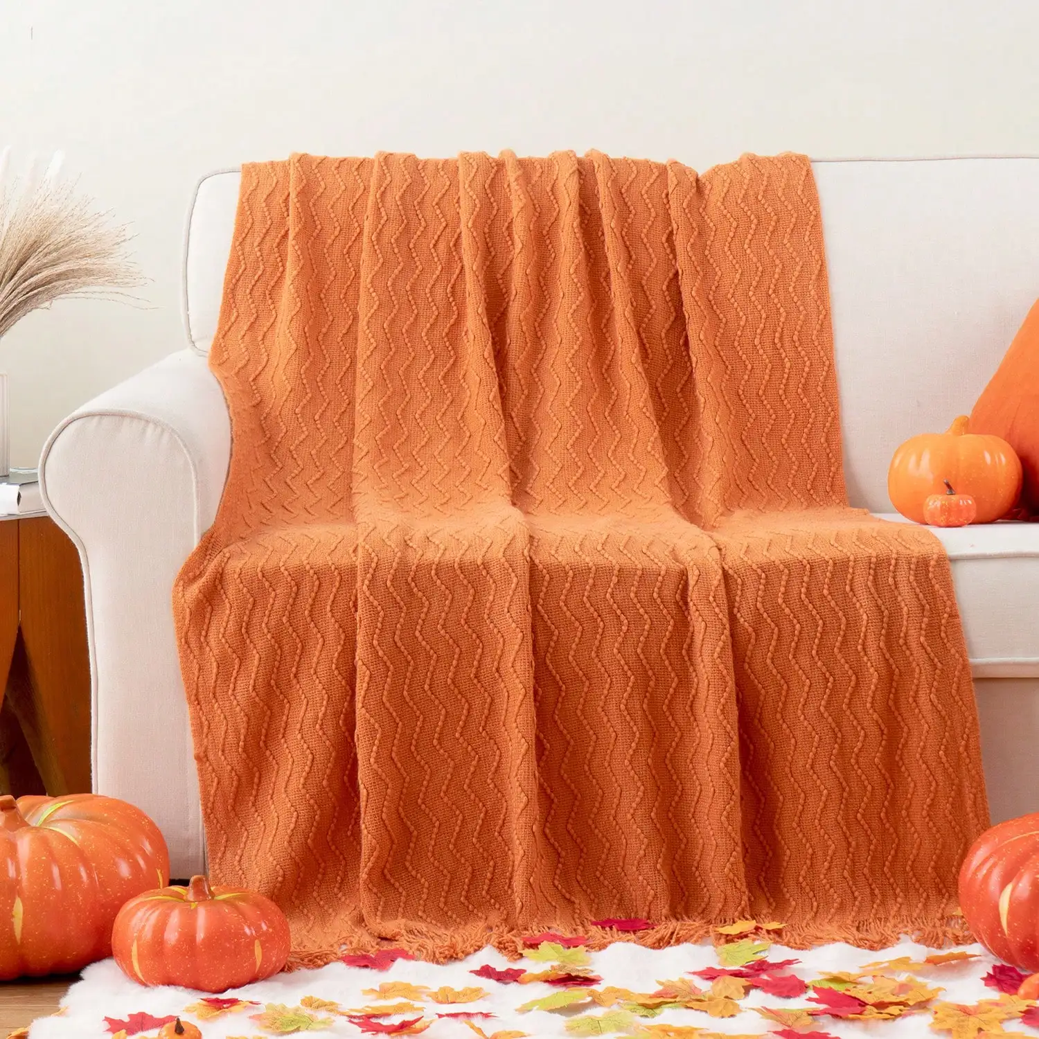 Orange Throw Blanket For Couch, Decorative Fall Throw Blanket With Tassels, Halloween Knitted Blankets And Throws, Fall Decor, 50"X60"，sf2406157728203301 - view 2