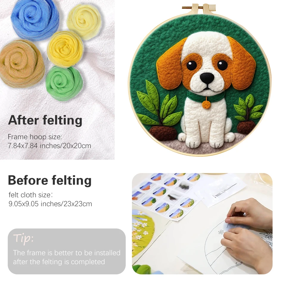 PhotoCustom Beginner Easy Needle Felted Animals Embroidery Cute Dog Needle Wool Painting With 20x20cm Frame Home Decoration Gift