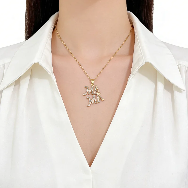 MAMA Letter Pendant Necklace Birthday Christmas Gifts for Mother Stainless Steel Chain Necklace for Women Simple Zircon Necklace