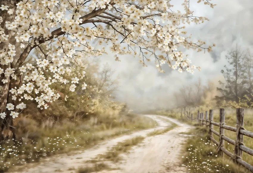 Mehofond-Fondo de fotografía para niños, pintura al óleo de primavera, pueblo, camino, fiesta de cumpleaños, flor, hierba, árbol, decoración de fondo, zona de fotos