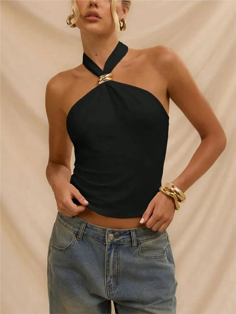 

2026 Summer New Tops Women's Clothing Fashion Sexy Vest Backless Metal Decorative Top Solid Color Halter Neck Bodycon all-match