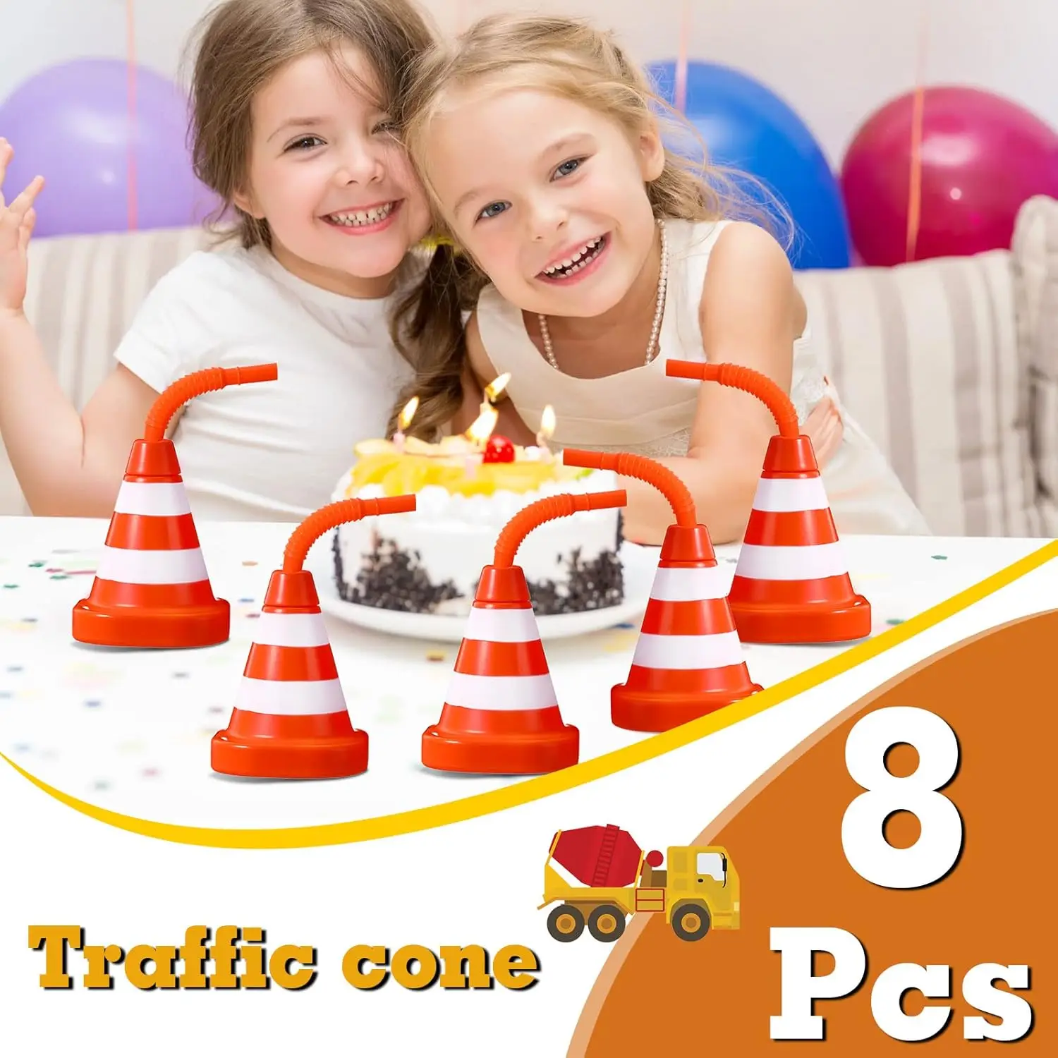 Construction Cone Cups with Straws, Traffic Party Favor Cups,Kids Party Race Cups Set for Construction Traffic Theme Racing Car
