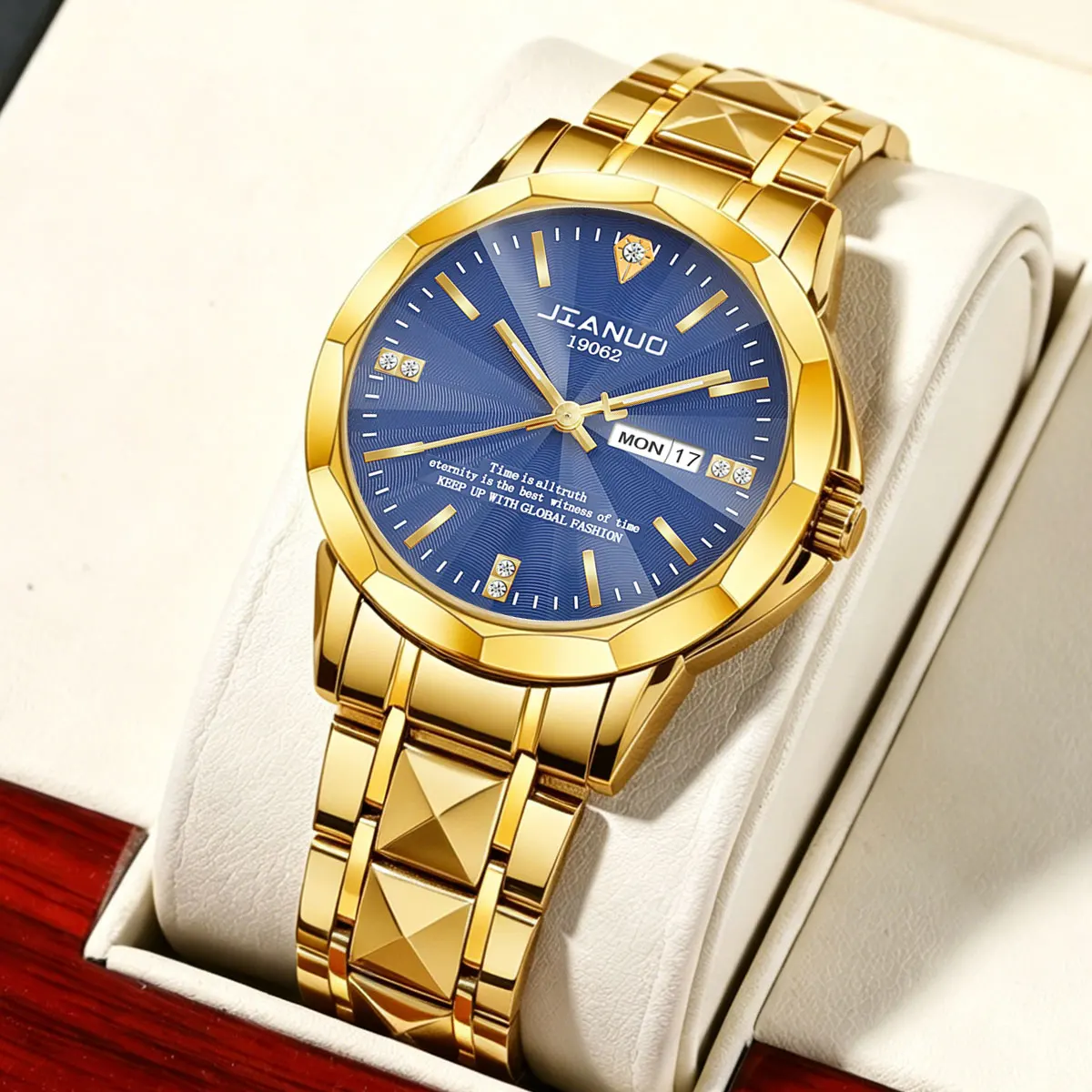 

Luxury Men's Watch Genuine Steel Band with Calendar Week Display Night Light Diamond Embedded Business Casual Quartz Wristwatch
