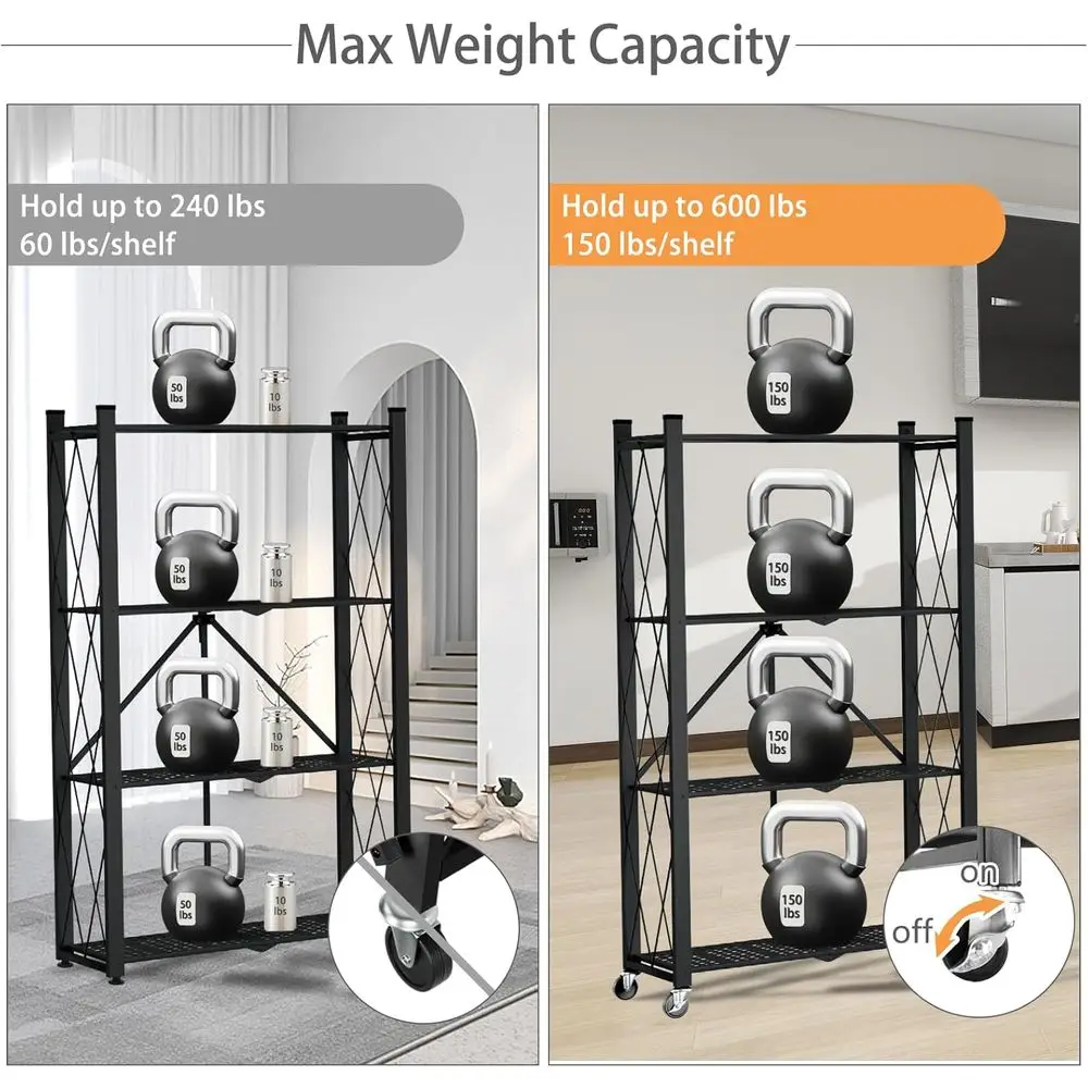 رف فولاذي قابل للطي عالي التحمل مكون من 4 طبقات مع عجلات، سعة 600 رطلاً، رف تخزين دوار للمطبخ والمخزن والمكتب - أسود