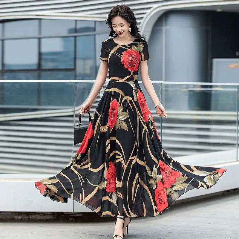 فستان نسائي قصير الأكمام برقبة دائرية من الشيفون ، ملابس السيدات ، فساتين طباعة أنيقة ، مقاس كبير ، موضة العطلة ، الصيف ، الجديد