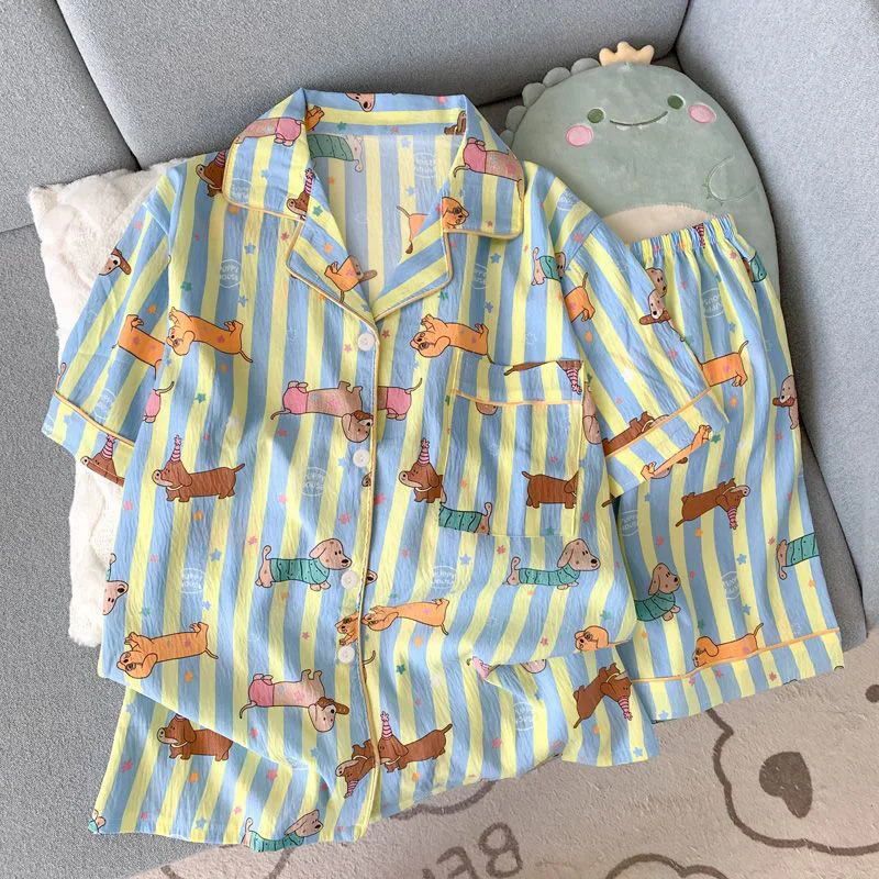 

Summer Short Sleeved Dog Pajamas for Women's Comfortable Short Shorts for Outerwear Soft Simple Casual Striped Sleepwear Homewea
