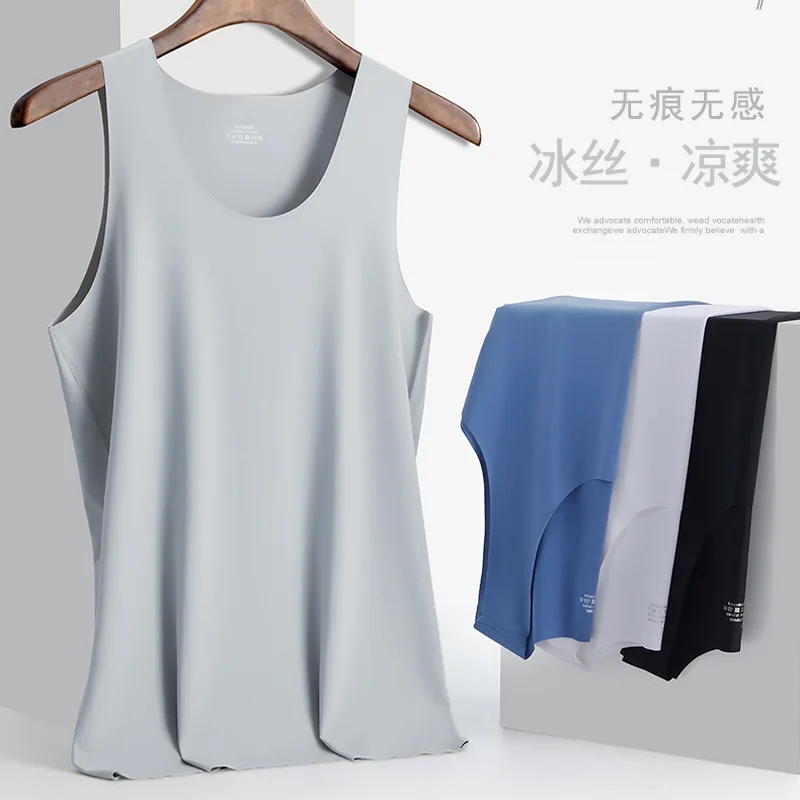Men's top tank ice silk seamless vest white summer tight fit wide shoulder V-neck sport sleeveless base thin design Tanks Tees