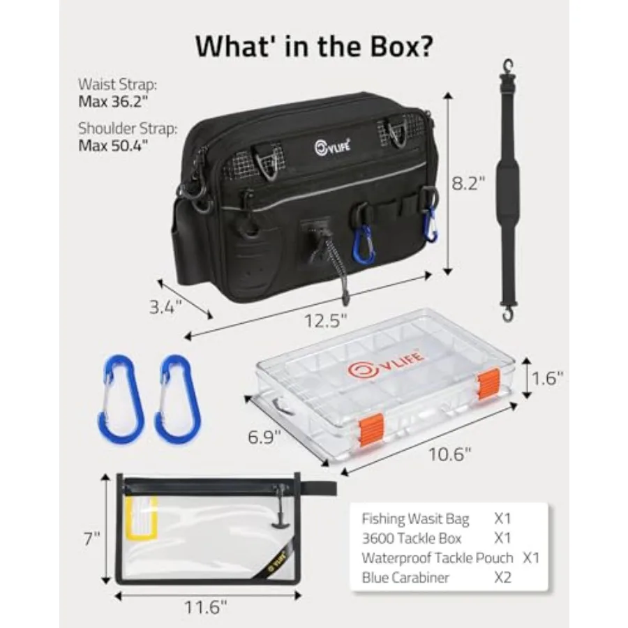 Fishing Tackle Bag Waist Pack with Rod Holder, Water Resistant Fanny Pack Includes 3600 Tackle Box, Waterproof Pouch and Carabi