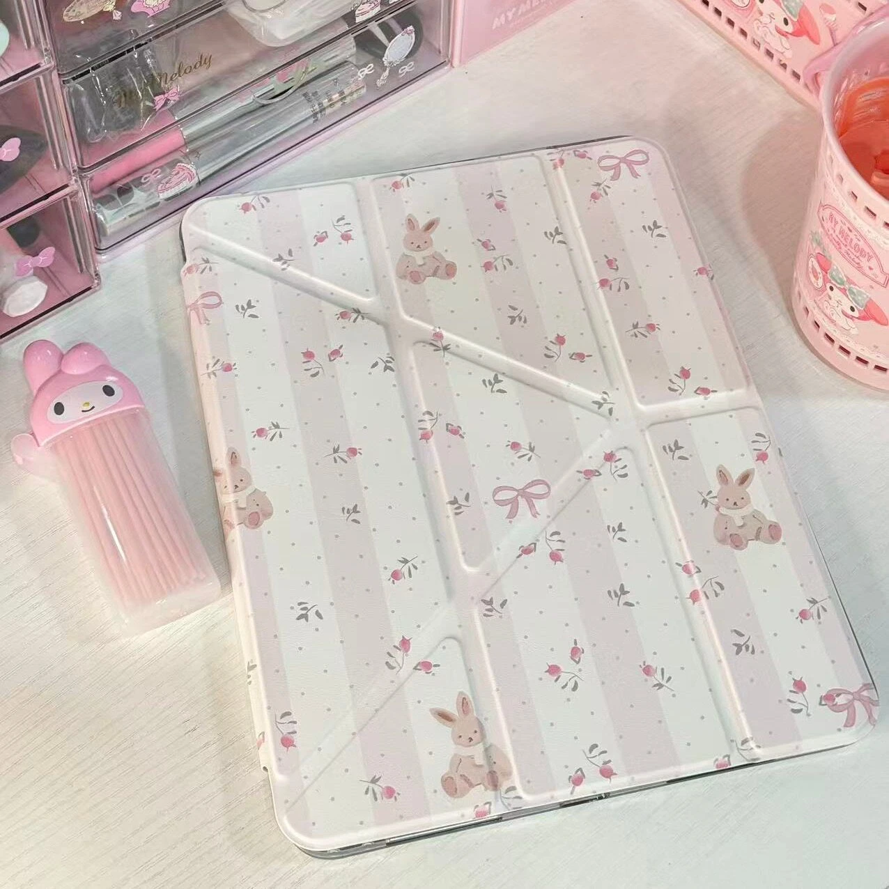 Rabbit Floral Fragments Pink Striped Y2K Cover For iPad Pro 13 11th M5 M4 12.9 A16 10 8 7 9th 10th Air 11 M2 M3 Mini Tablet Case