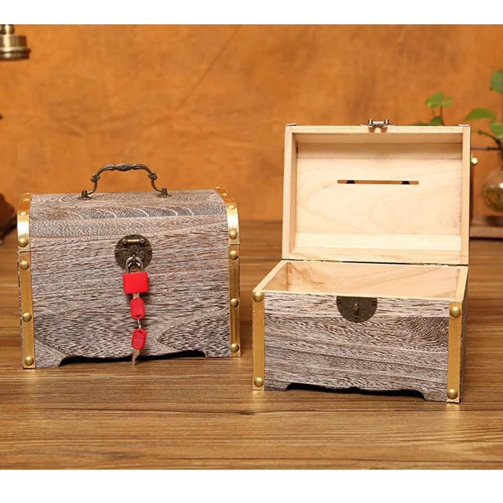 

Retro Treasure Box Creative Wooden Piggy Bank Safe Handmade Wood Carving Money Box Savings with Lock for Teens- Extra L