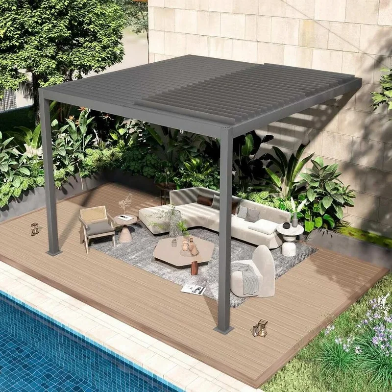 Custom Size 6X3m Wall Mounted Aluminum Powder Coated Outdoor Opening Louver Bioclimatic Pergola LED Waterproof Windproof Durable