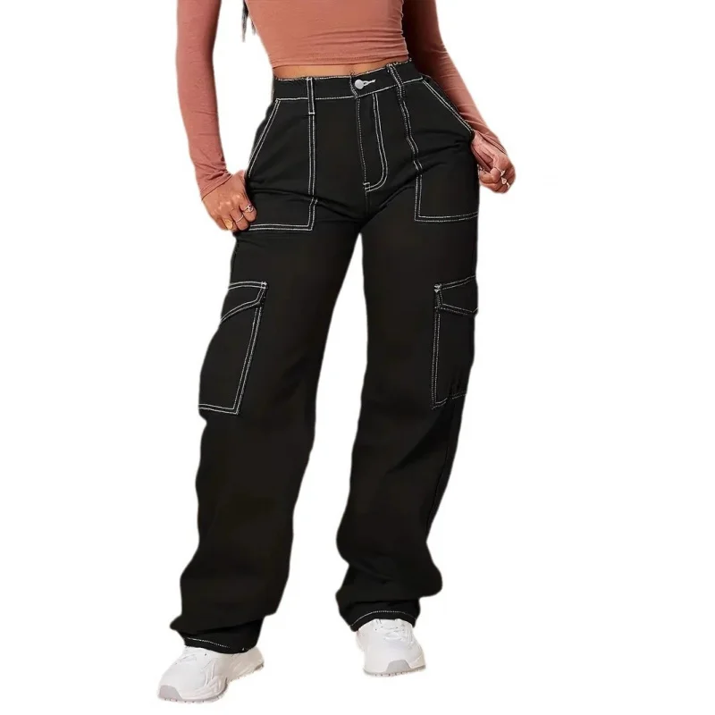 Jean de Style européen et américain pour femmes, ample, jambes larges, Cargo, multi-poches, taille haute, amincissant