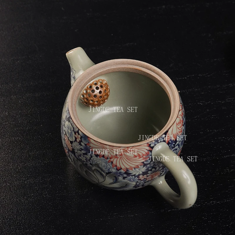Pinched Golden Peony Teapot Sky Blue Ru Kiln Opened Han Tile Pot Household Chinese Ceramic Teapot Enamel Kung Fu Tea Set view 5