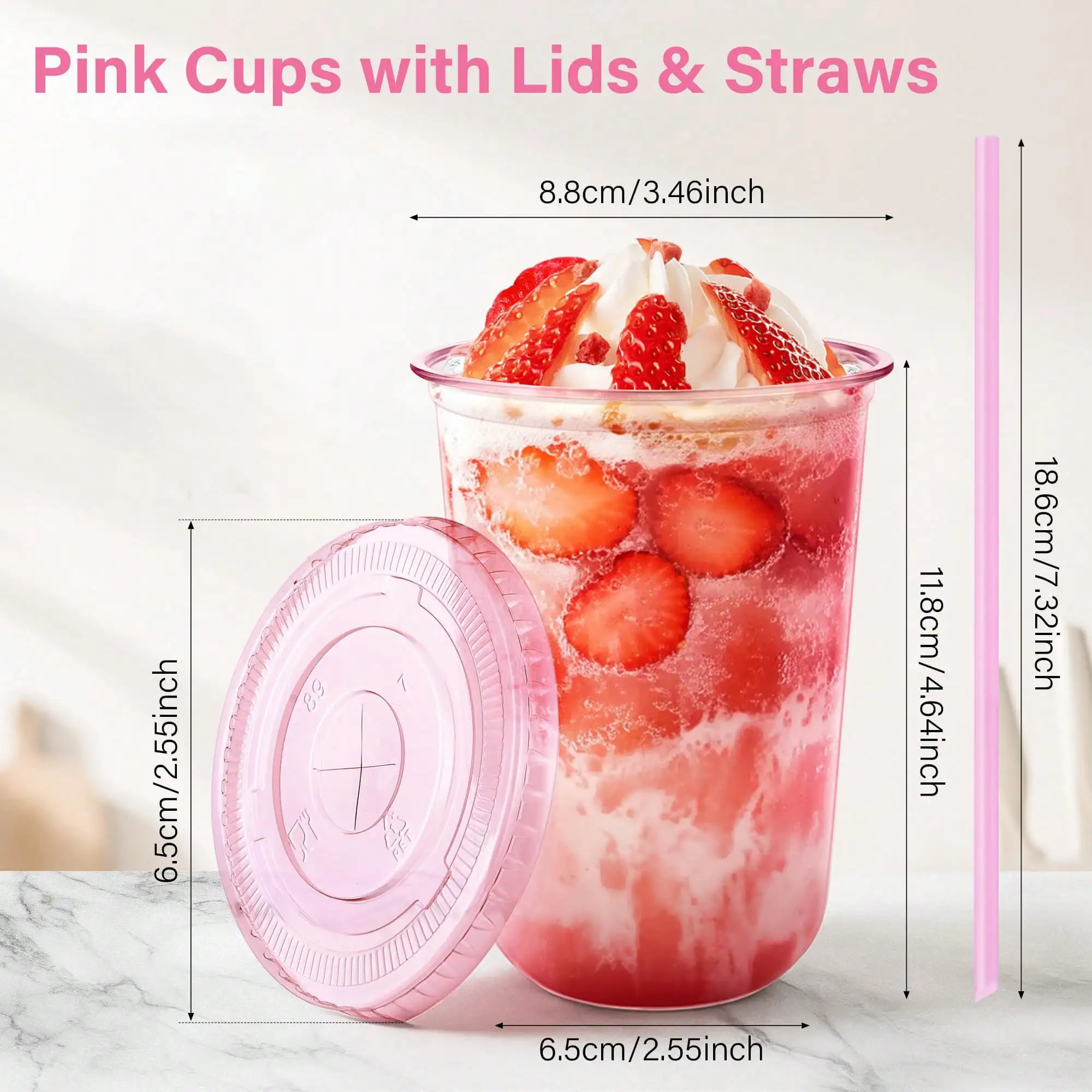 20/50/100 Sets 16 Oz Pink Plastic Party Cups With Lids And Straws, Iced Coffee Cups With Lids, Round Bottom Disposable Drinking