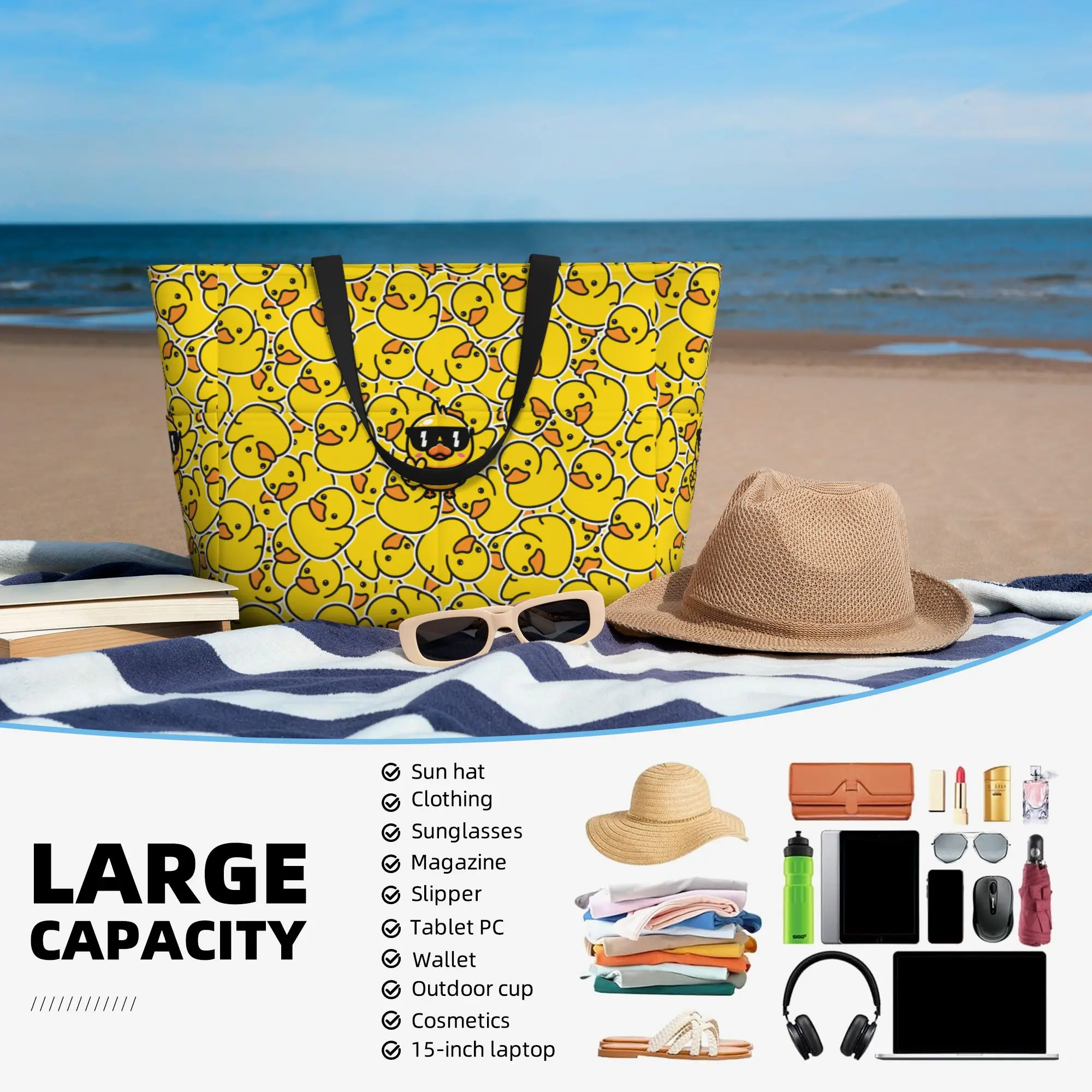 Cute Yellow Duck Beach Tote Bags for Women Waterproof and Sandproof Beach Bag Large Travel Bag for Swim Pool Gym Vacation