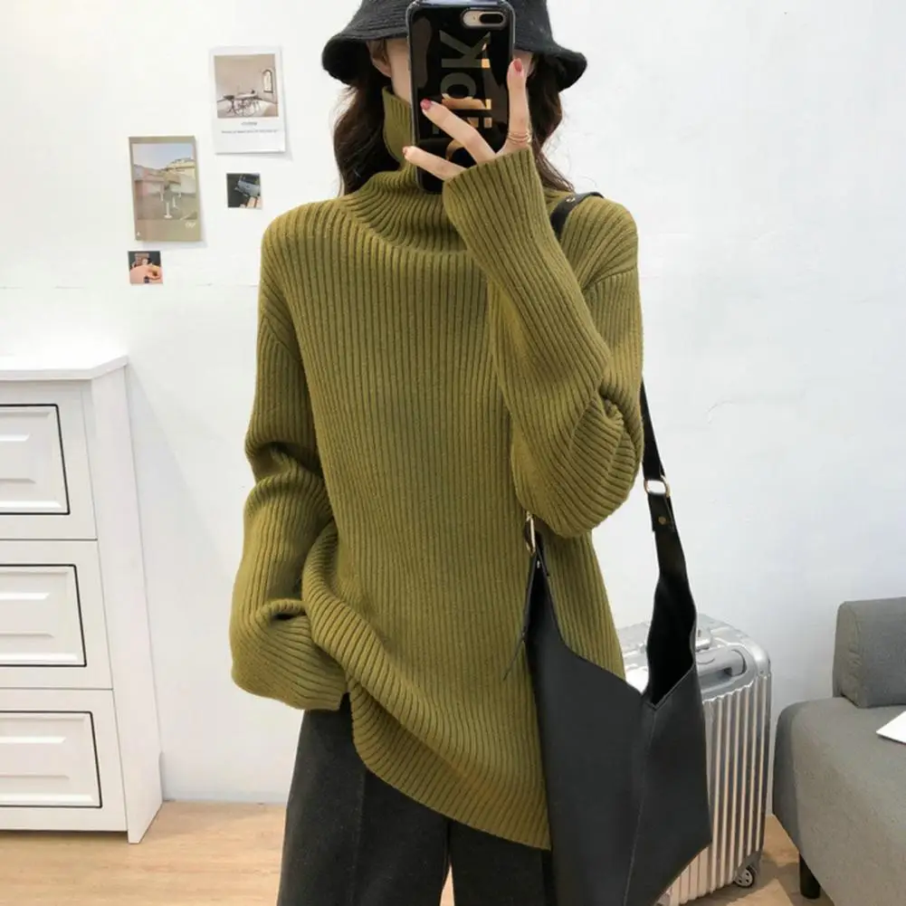 

Women Autumn Winter Turtleneck Sweater Solid Color Long Sleeve Ribbed Knitted Pullover Tops Loose Fit Knitwear Slim Jumper