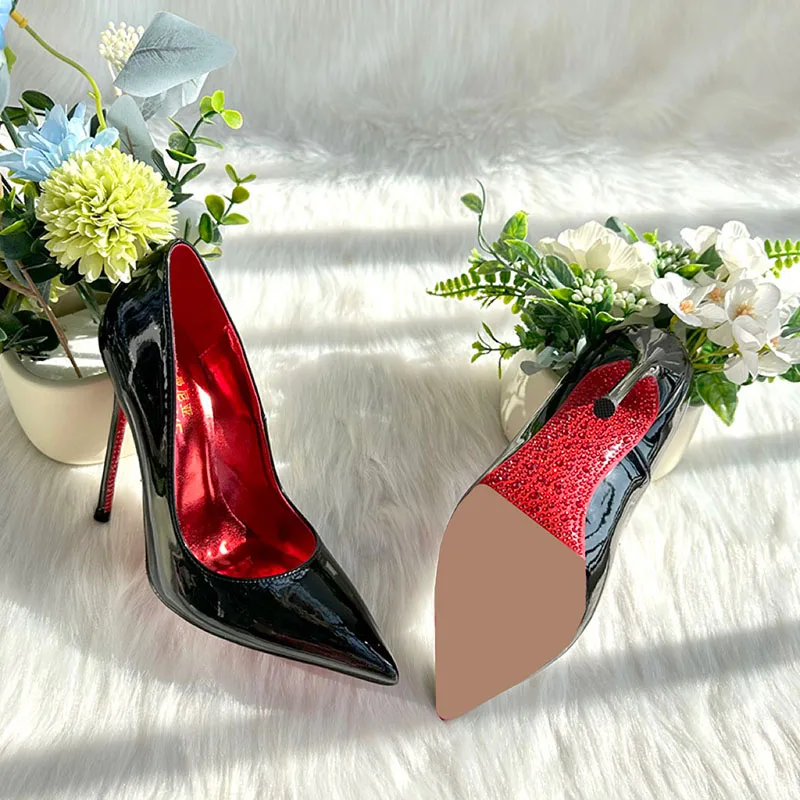 2024 Hot Sale Black Patent Leather Pointed Toe Heeled Elegant Shoes For Women High Heels Ladies Shoes On Offer Crystal Bottom