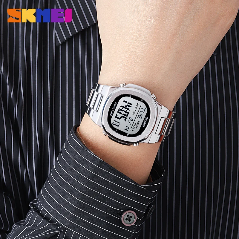 SKMEI Electronic Watch Stainless Steel Fashion Men\'s Watches Countdown Stopwatch Led Light Sport Digital Wristwatch Original