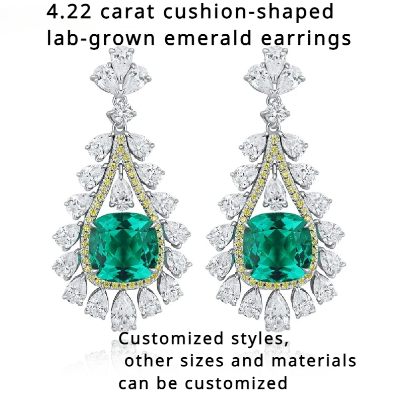 YanYao Jewelry New Design 4.22ct Cushion Shape Laboratory Grown Emerald Earrings 925 Silver Women's Jewelry