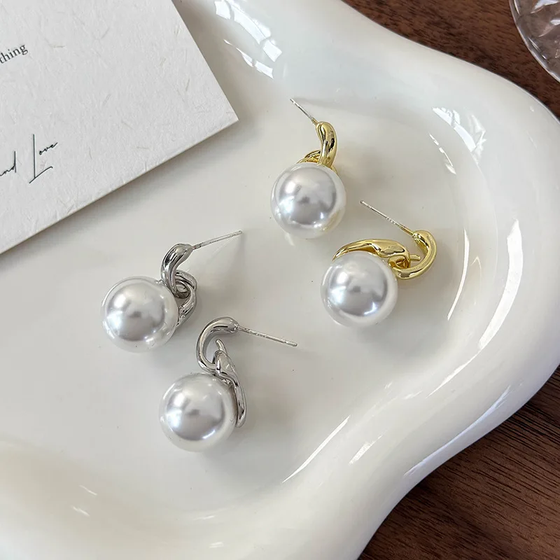 Earrings Pearl Double Clasp Mini Minimalist Unique Versatile Glossy White Dangle Stud Lightweight Alloy Daily Wear Elegant