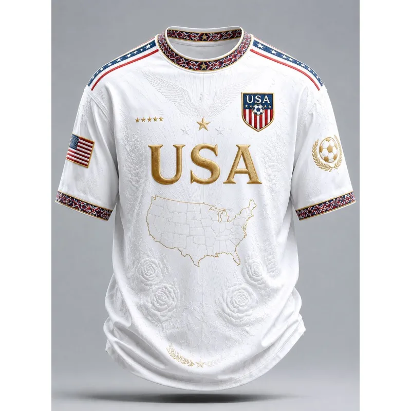 3D Print USA Patriotic Soccer T-Shirt With Golden USA Logo, American Flag Football Fan Casual Tee For Independence Day