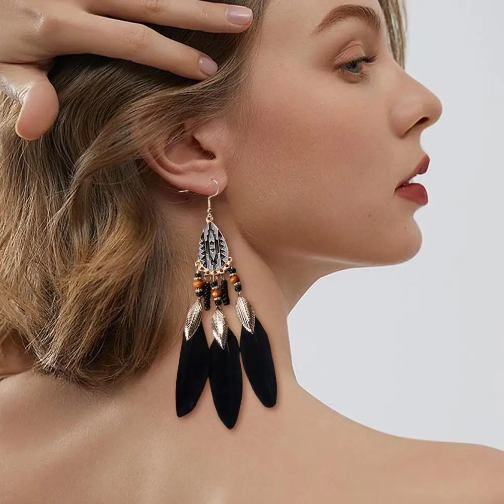 Women's Bohemian Vintage Jewelry For Women 2024 Trendy Carved Leaf Feather Tassel Long Earrings