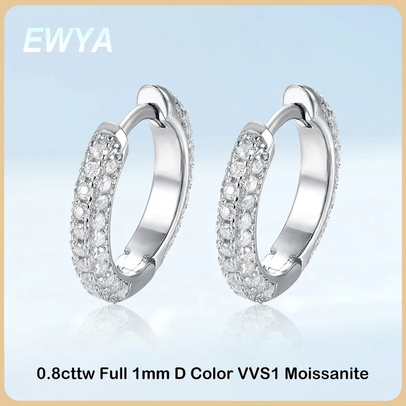 EWYA Luksusowy projektant 0.8cttw D Kolor Pełny 1mm Moissanite Hoop Kolczyki S925 Srebrny kolczyk dla kobiet Party Fine Jewelry