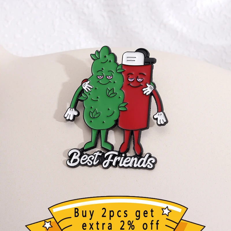 Best Friends Enamel Pin Custom Tobacco Leaf Lighter Partner Double Spring Brooches Lapel Badges Plant Jewelry Gift For Women Kid